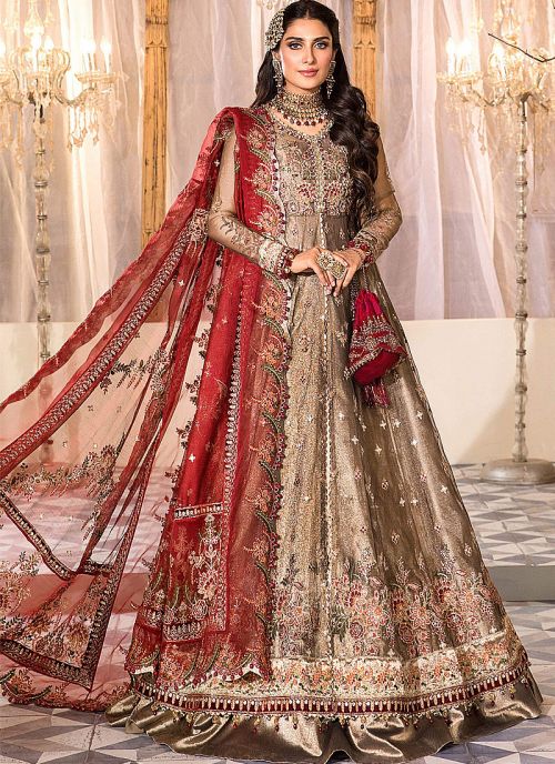 Maroon Pakistani Bridal Wear Half Blouse n Lehenga