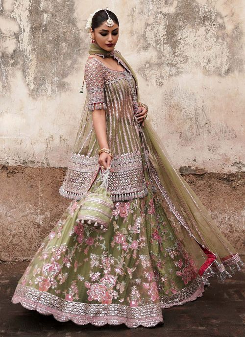 Pakistani Green Bridal Sharara Suit For Mehendi Function With Price -  Ethnic Race