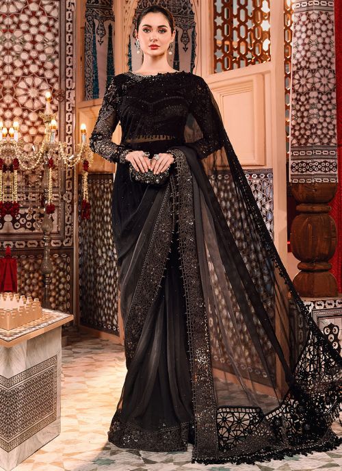 Grey And Black Embroidered Pakistani Saree